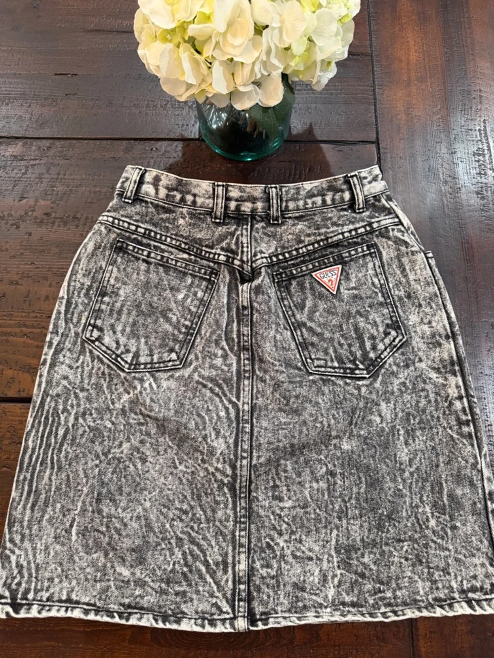 VTG 80s Georges Marciano for GUESS Acid Wash Denim Skirt Red Grid Tag S/M